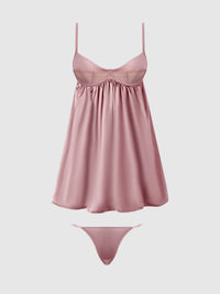 Brigeta Satin & Mesh Corsetted Babydoll Set Mauve