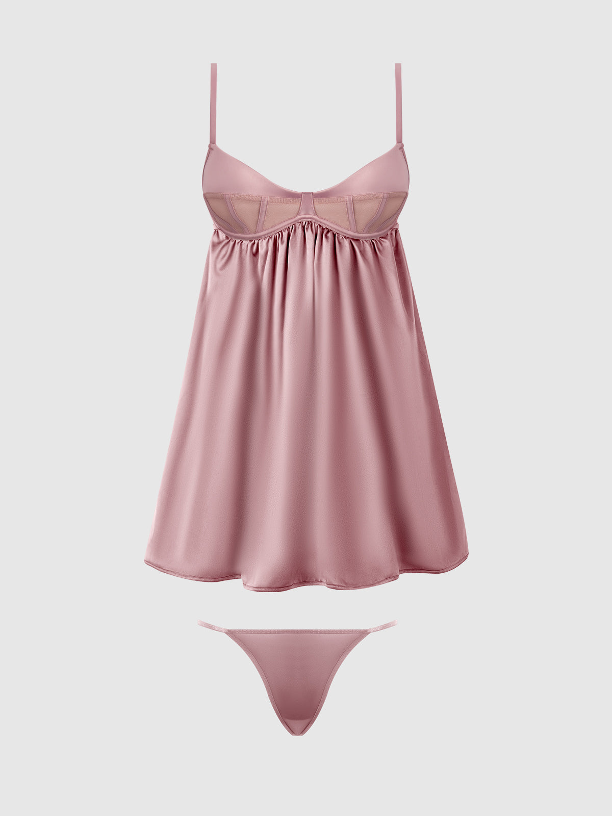 Brigeta Satin & Mesh Corsetted Babydoll Set Mauve
