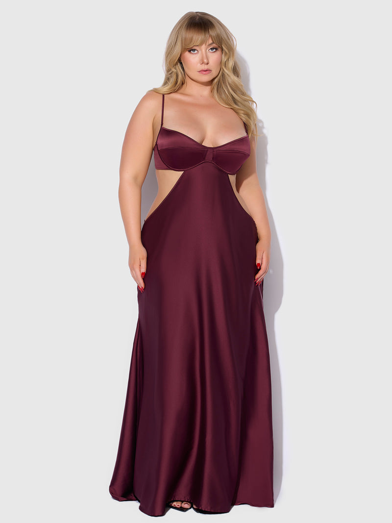 Brigeta Satin Mono Wire Long Gown Burgundy