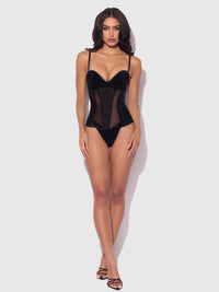 Juliet Satin & Mesh Plunge Underwire Corset Black