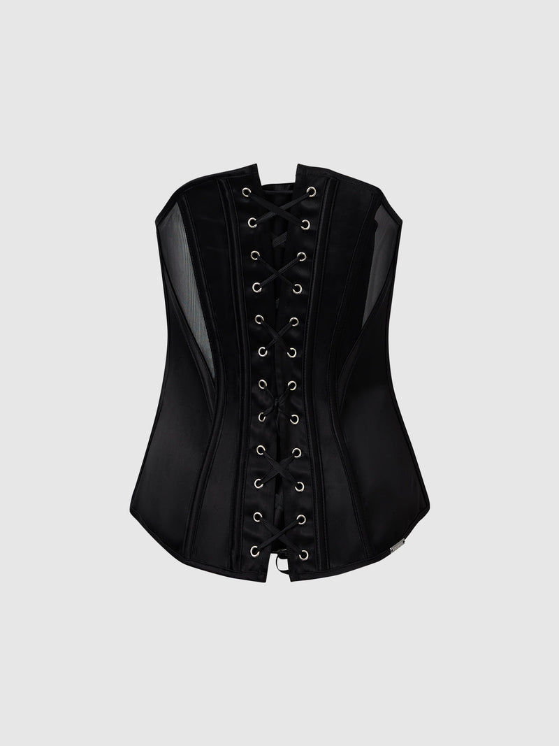 Juliet Satin & Mesh Plunge Underwire Corset Black