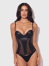Juliet Satin & Mesh Plunge Underwire Corset Black