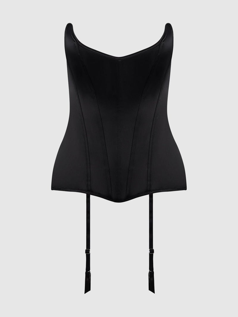 Juliet Satin Full Boning Scoop Neck Corset Black