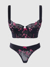 Harper Embroidery Mesh Bra Set Black with Pink Flowers