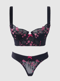 Harper Embroidery Mesh Bra Set Black with Pink Flowers