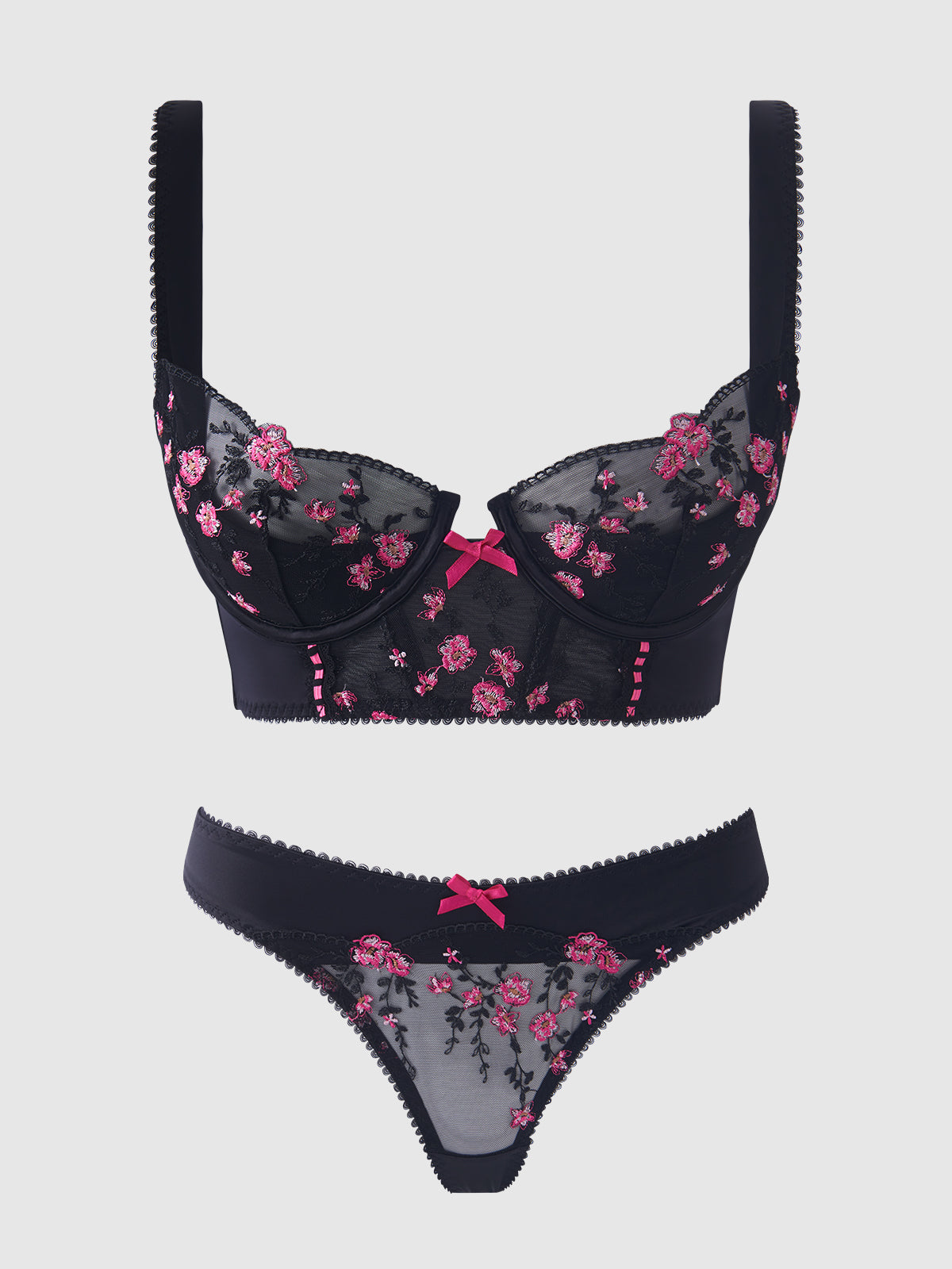 Harper Embroidery Mesh Bra Set Black with Pink Flowers