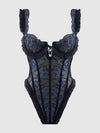 Harper See Through Embroidery Mesh Teddy Black with Blue Flowers