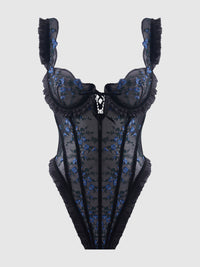 Harper See Through Embroidery Mesh Teddy Black with Blue Flowers