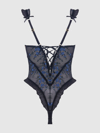 Harper See Through Embroidery Mesh Teddy Black with Blue Flowers