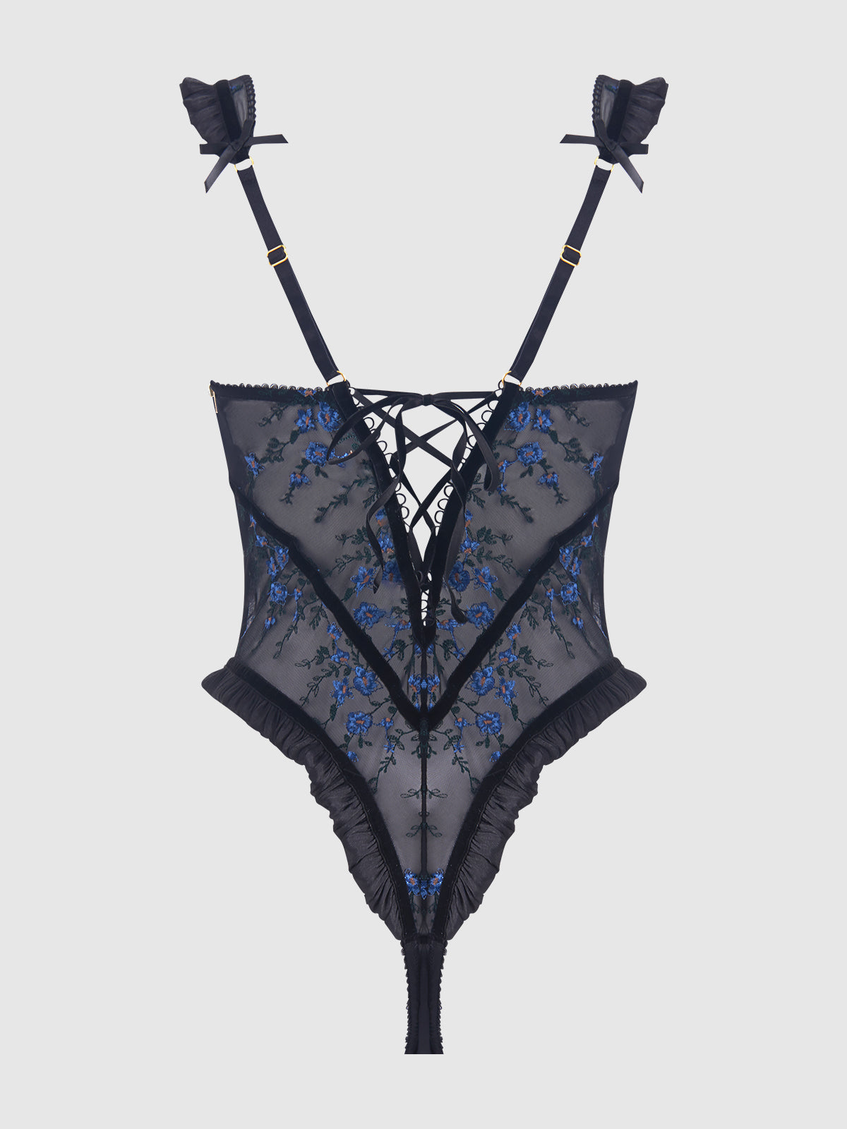 Harper See Through Embroidery Mesh Teddy Black with Blue Flowers