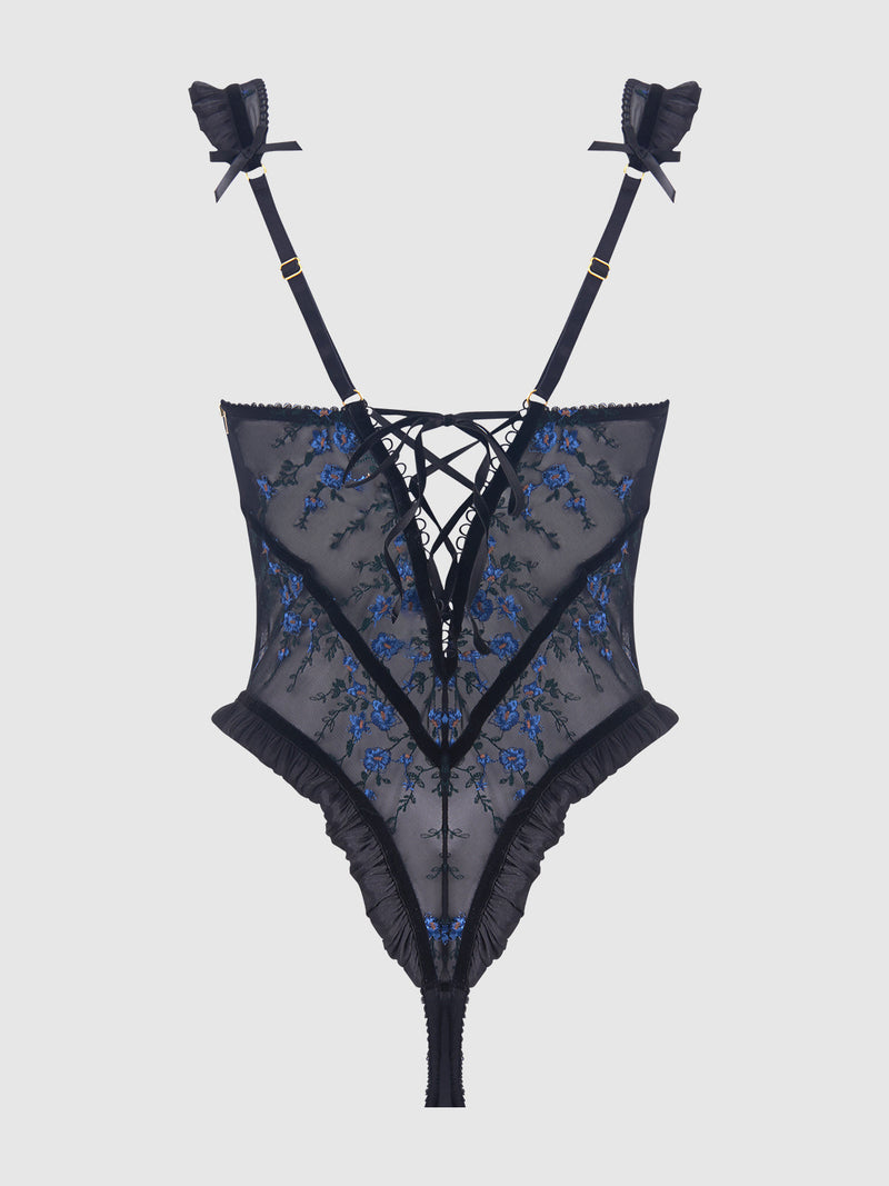 Harper See Through Embroidery Mesh Teddy Black with Blue Flowers