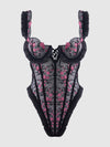 Harper See Through Embroidery Mesh Teddy Black with Pink Flowers