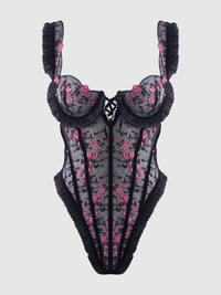 Harper See Through Embroidery Mesh Teddy Black with Pink Flowers