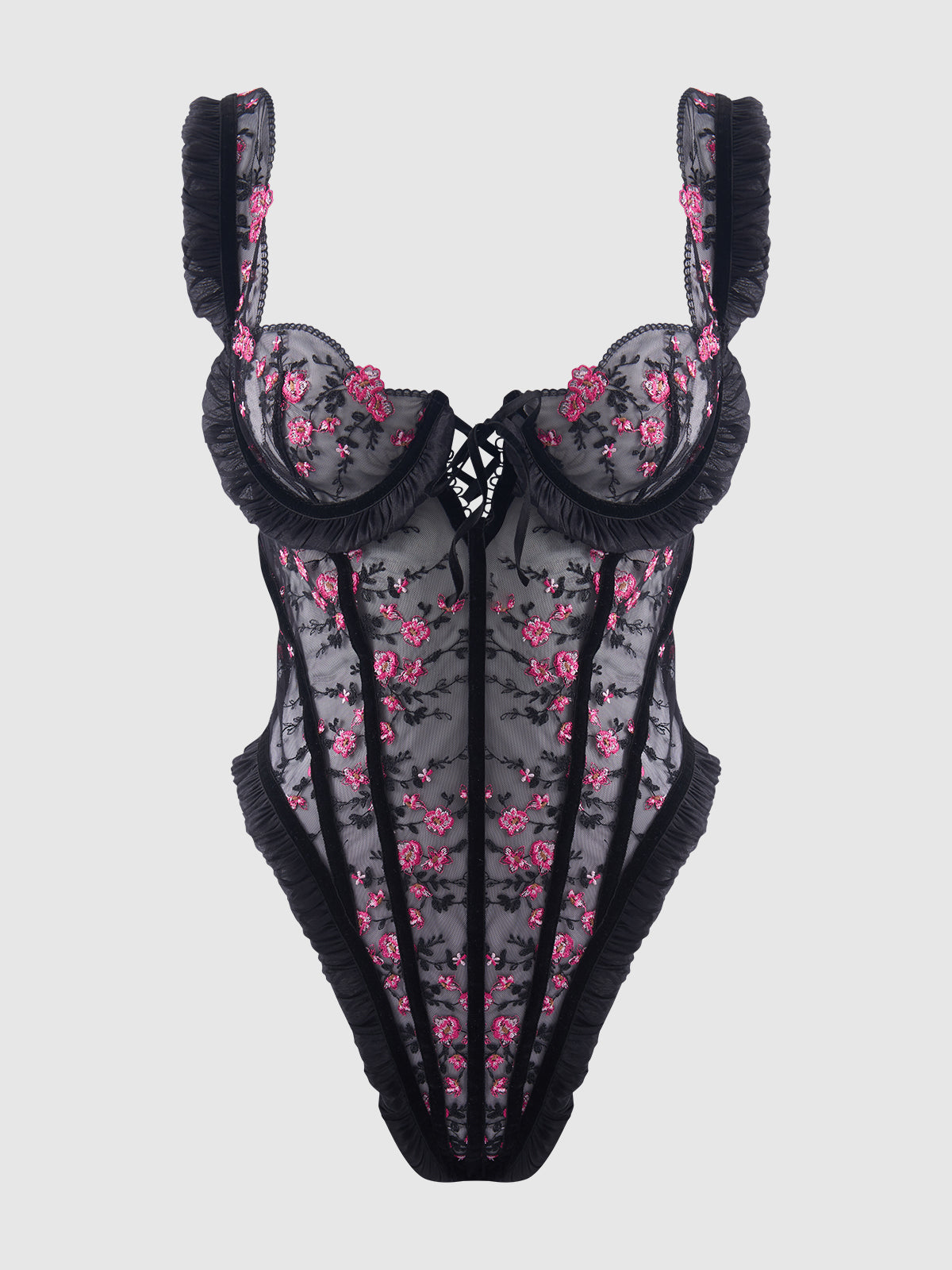 Harper See Through Embroidery Mesh Teddy Black with Pink Flowers