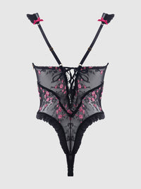 Harper See Through Embroidery Mesh Teddy Black with Pink Flowers