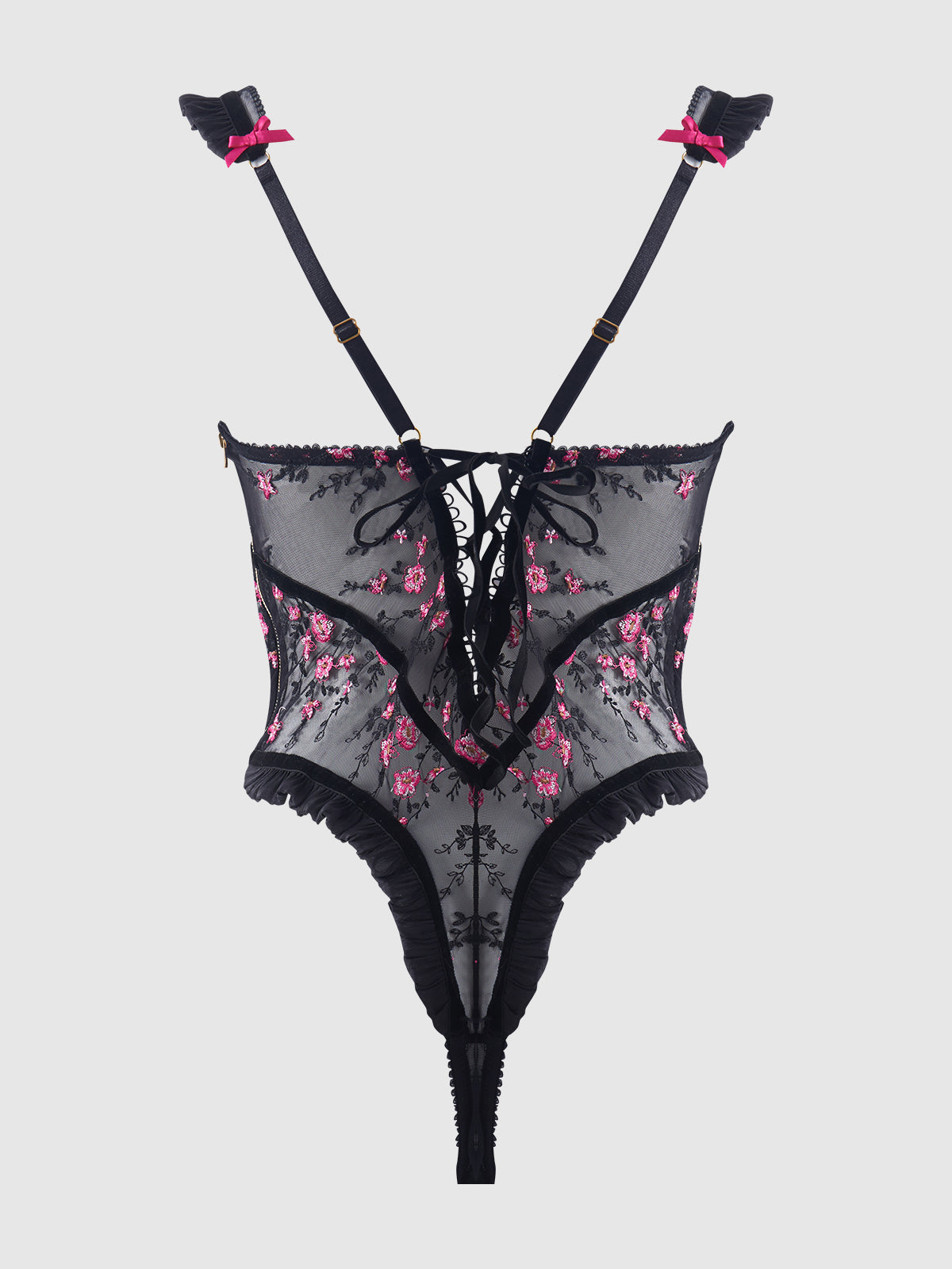 Harper See Through Embroidery Mesh Teddy Black with Pink Flowers