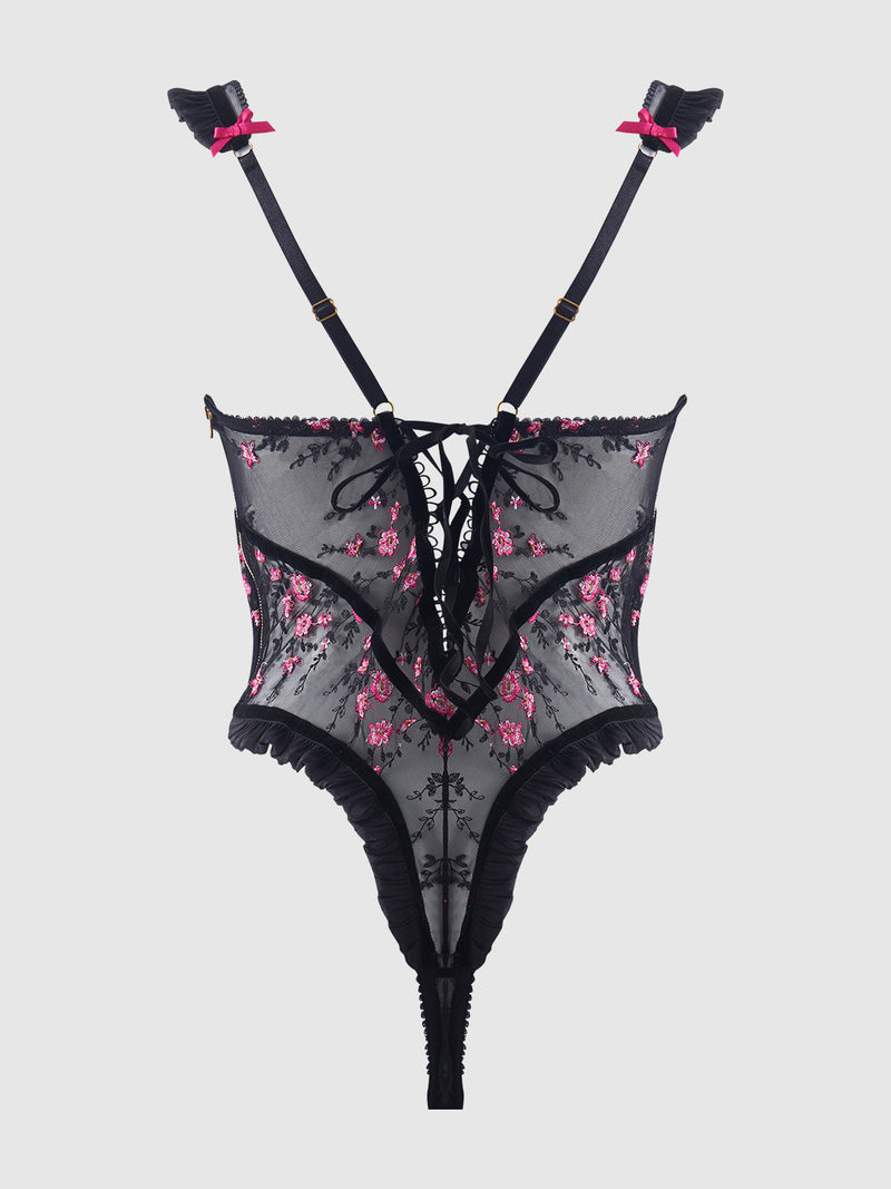 Harper See Through Embroidery Mesh Teddy Black with Pink Flowers