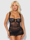 Harper See Through Embroidery Mesh Chemise Set Black with Blue Flowers