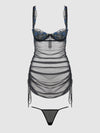 Harper See Through Embroidery Mesh Chemise Set Black with Blue Flowers