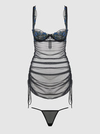 Harper See Through Embroidery Mesh Chemise Set Black with Blue Flowers