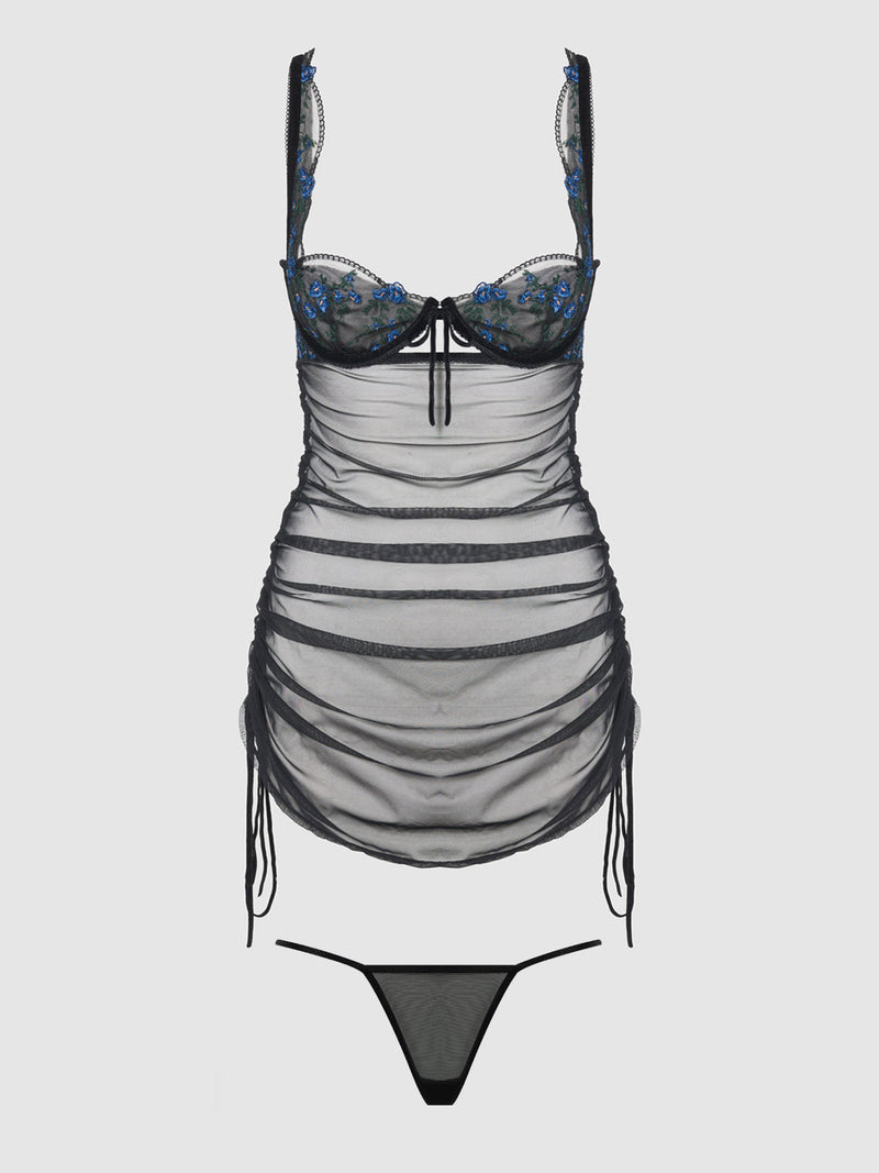 Harper See Through Embroidery Mesh Chemise Set Black with Blue Flowers
