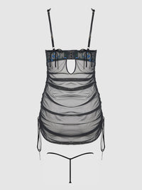 Harper See Through Embroidery Mesh Chemise Set Black with Blue Flowers