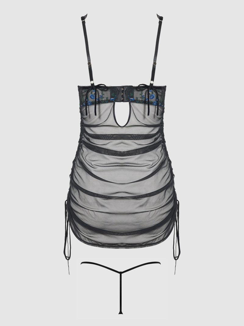 Harper See Through Embroidery Mesh Chemise Set Black with Blue Flowers