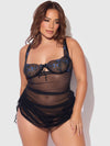 Harper See Through Embroidery Mesh Chemise Set Black with Blue Flowers