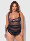 Harper See Through Embroidery Mesh Chemise Set Black with Pink Flowers