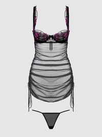 Harper See Through Embroidery Mesh Chemise Set Black with Pink Flowers