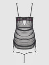 Harper See Through Embroidery Mesh Chemise Set Black with Pink Flowers