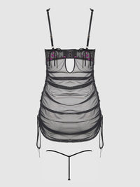 Harper See Through Embroidery Mesh Chemise Set Black with Pink Flowers