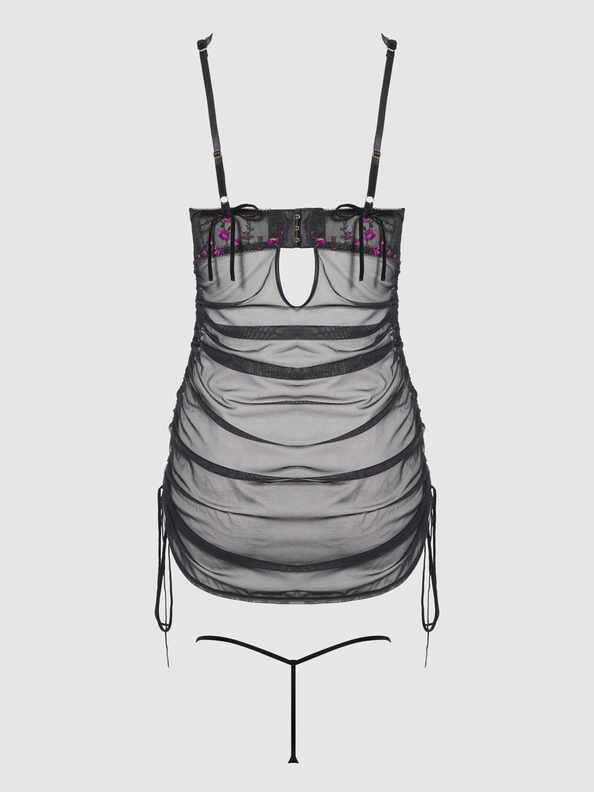 Harper See Through Embroidery Mesh Chemise Set Black with Pink Flowers