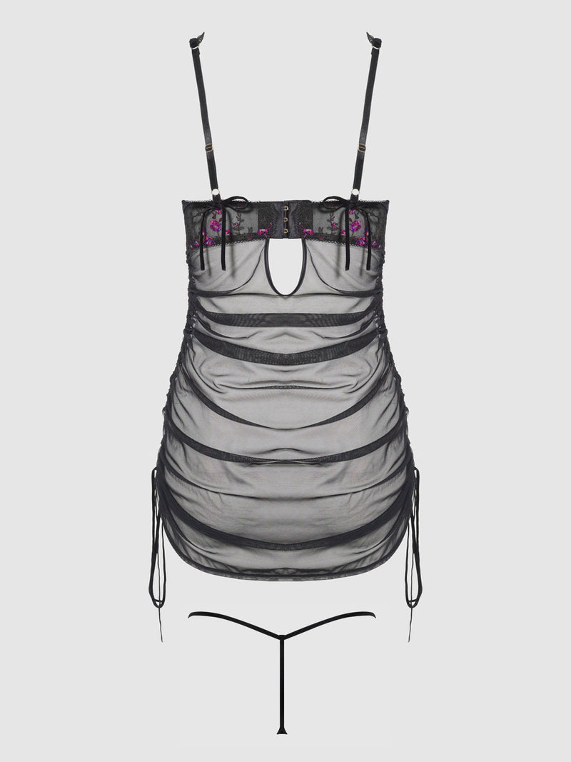 Harper See Through Embroidery Mesh Chemise Set Black with Pink Flowers