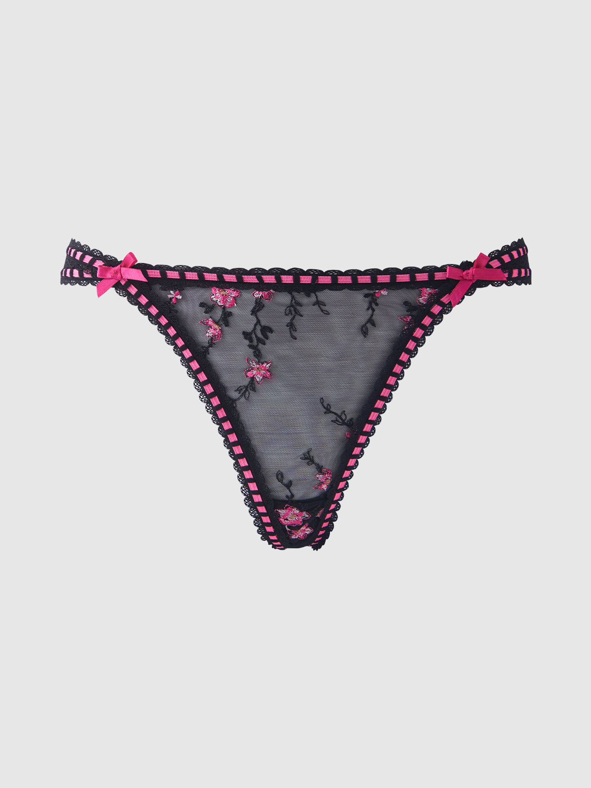 Harper See Through Embroidery Mesh Cheeky Panty Black with Pink Flowers