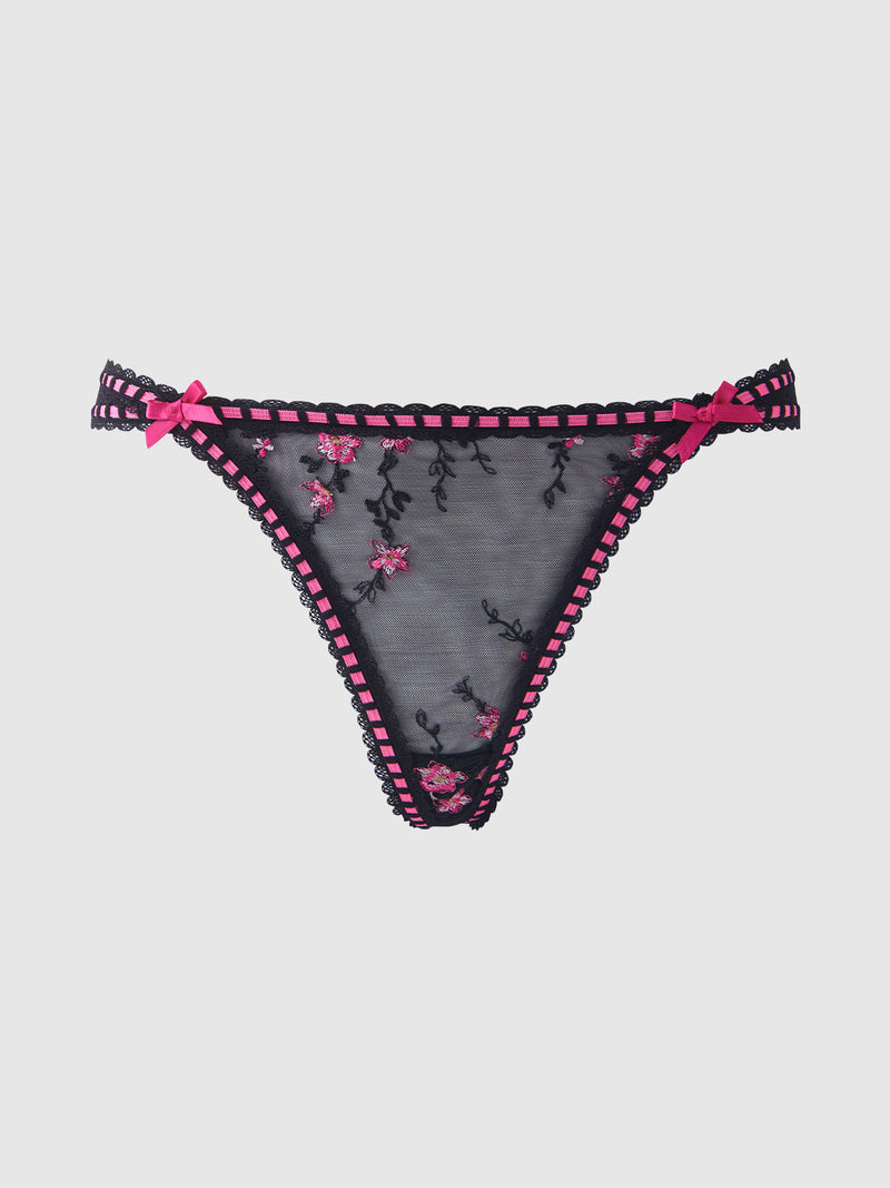 Harper See Through Embroidery Mesh Cheeky Panty Black with Pink Flowers