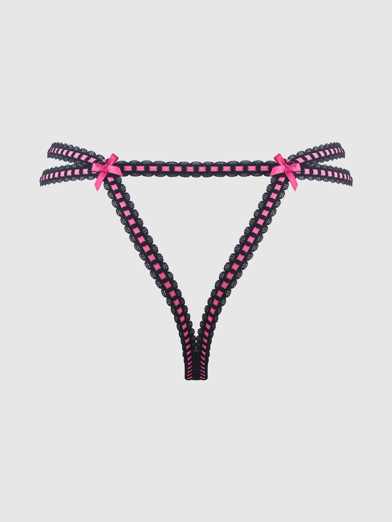 Harper See Through Embroidery Mesh Cheeky Panty Black with Pink Flowers