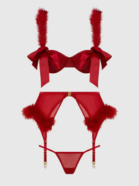 Marilyn Marabou & Mesh Openable Cups Bra Set Crimson Red