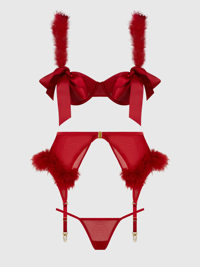 Marilyn Marabou & Mesh Openable Cups Bra Set Crimson Red