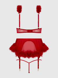 Marilyn Marabou & Mesh Openable Cups Bra Set Crimson Red