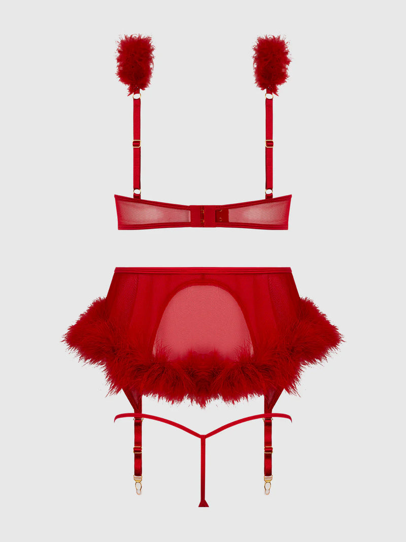 Marilyn Marabou & Mesh Openable Cups Bra Set Crimson Red
