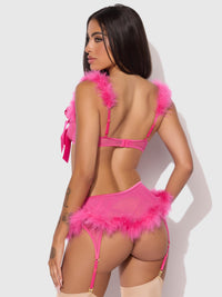 Marilyn Marabou & Mesh Gartered Openable Bra Set Pink Dragon