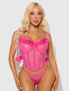 Marilyn Mesh & Feathers Tie Shoulder Pom Pom Bustier Set Pink Dragon