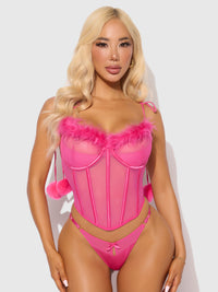 Marilyn Mesh & Feathers Tie Shoulder Pom Pom Bustier Set Pink Dragon