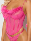Marilyn Mesh & Feathers Tie Shoulder Pom Pom Bustier Set Pink Dragon