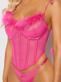 Marilyn Mesh & Feathers Tie Shoulder Pom Pom Bustier Set Pink Dragon