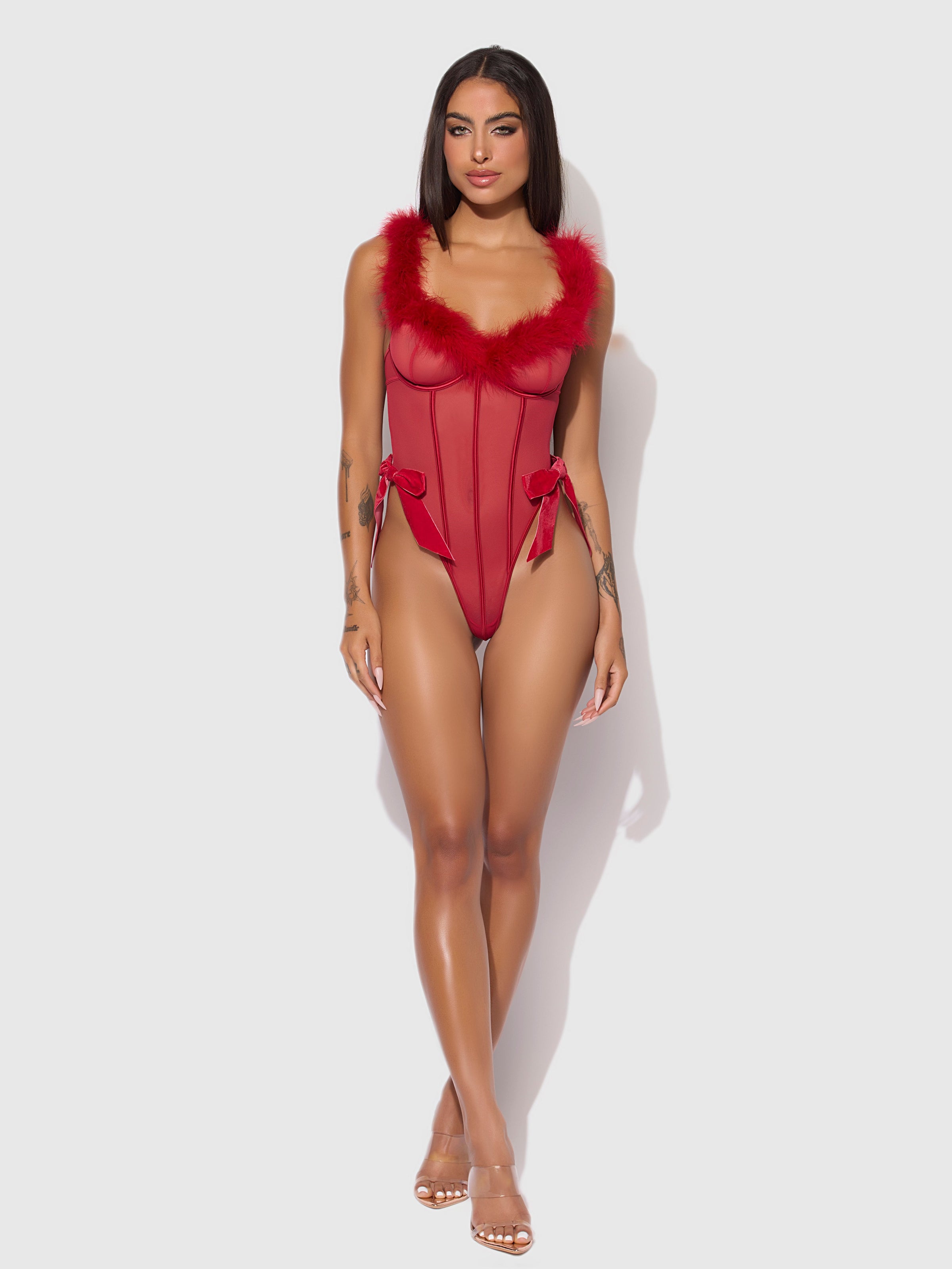 Marilyn Mesh & Feathers Teddy Crimson Red
