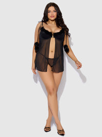 Marilyn Marabou & Mesh Babydoll & G-String Set Black