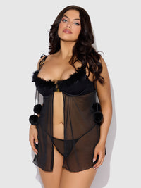 Marilyn Marabou & Mesh Babydoll & G-String Set Black