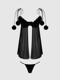 Marilyn Marabou & Mesh Babydoll & G-String Set Black